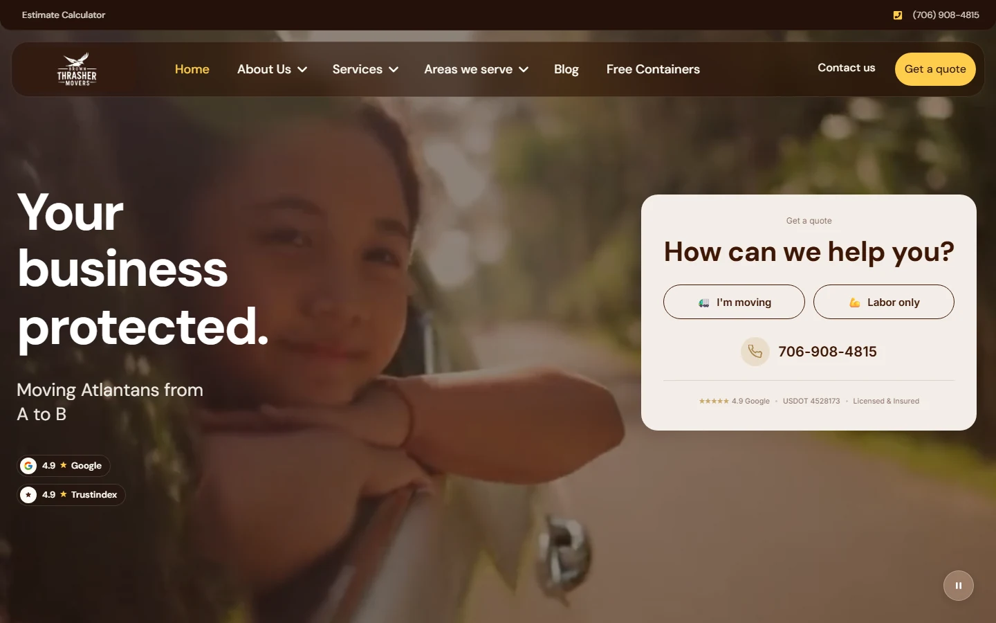 Brown Thrasher Movers Atlanta moving company website homepage hero with move type selector and phone number