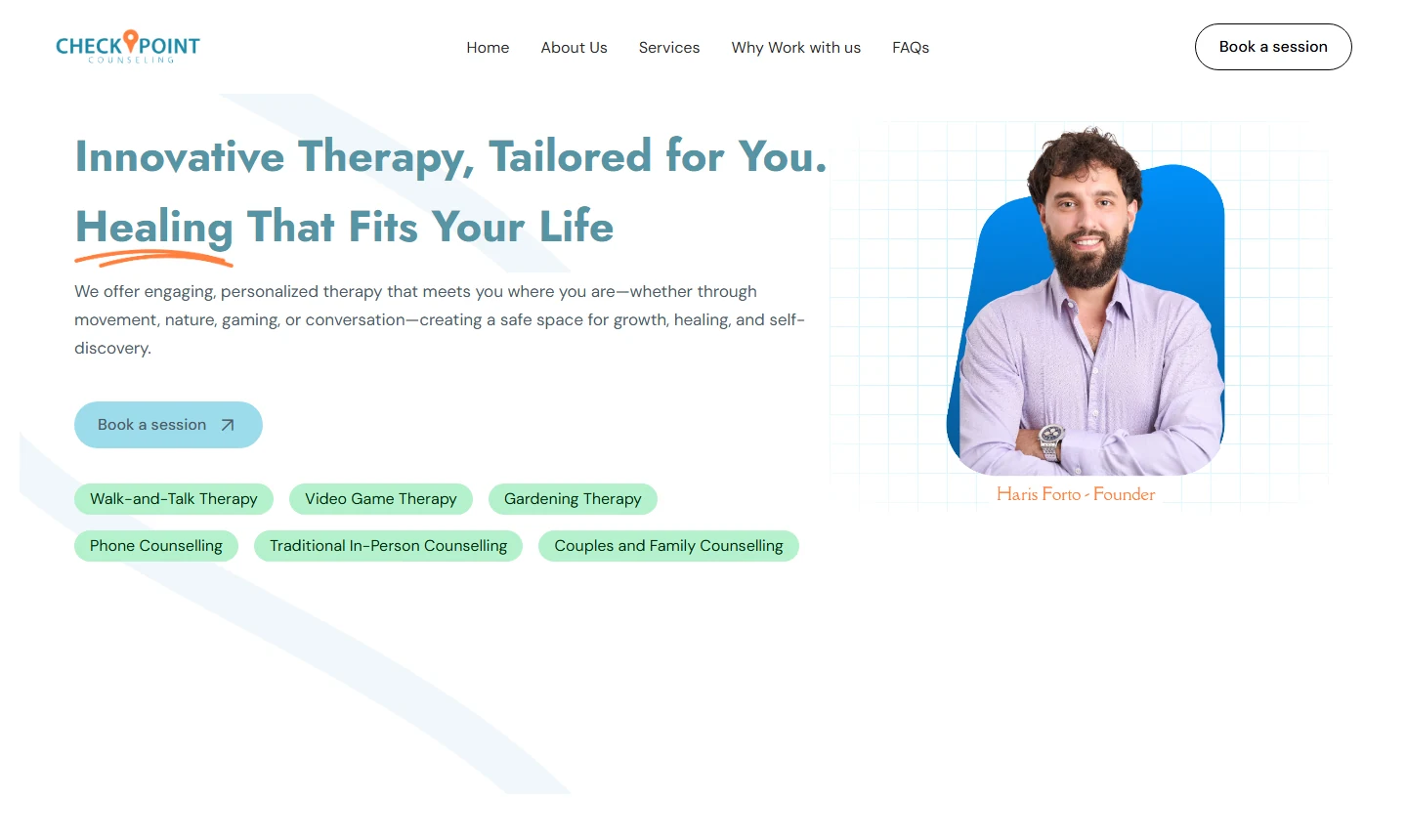 Checkpoint Counselling therapy website homepage hero with the six counselling options listed