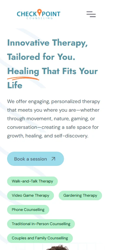 Checkpoint Counselling therapy website mobile view with booking call to action