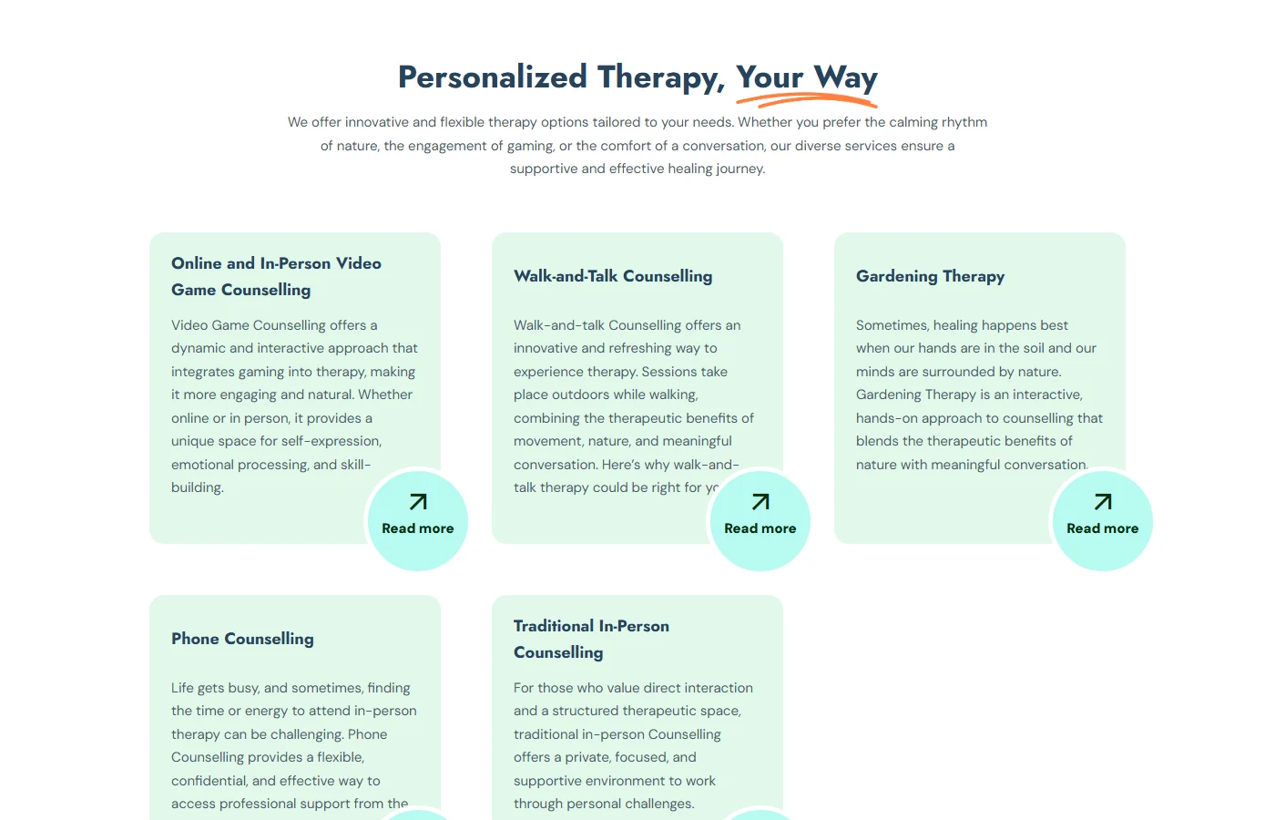 Therapy options on the Checkpoint Counselling website including walk-and-talk, gardening and video game counselling