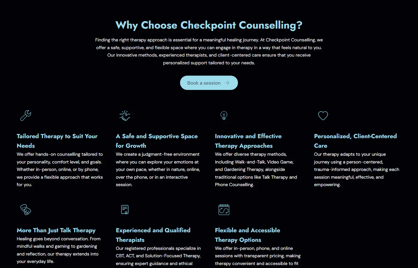 Why choose us section on the Checkpoint Counselling therapy website
