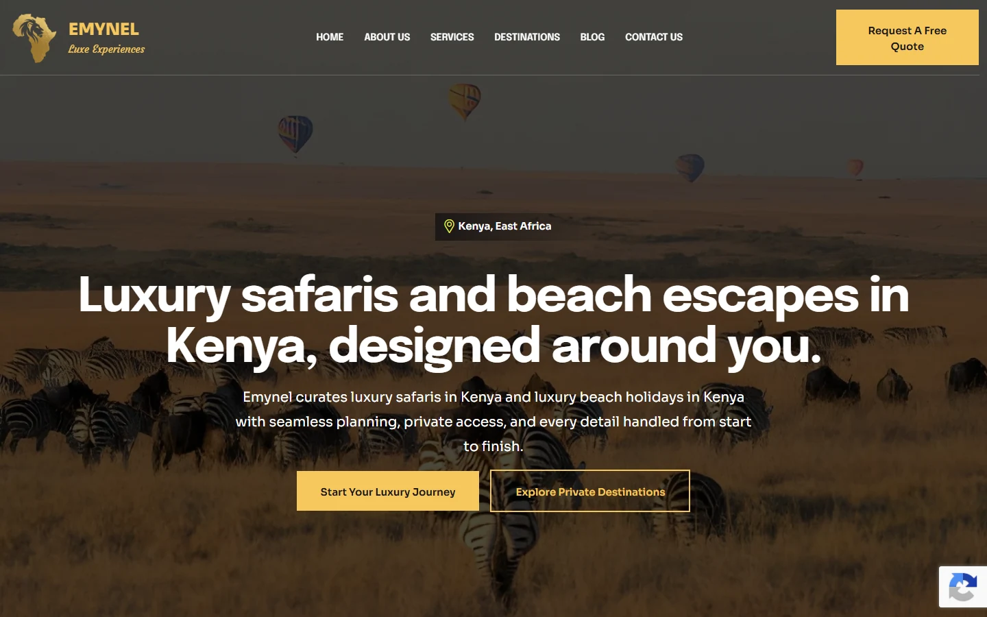 Emynel Luxe Experiences luxury safari website homepage hero for Kenya travel