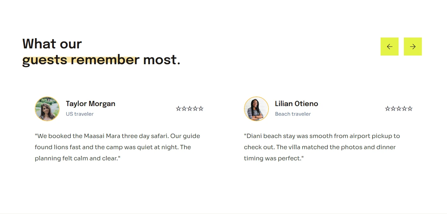 Guest testimonials on the Emynel Luxe Experiences luxury safari website