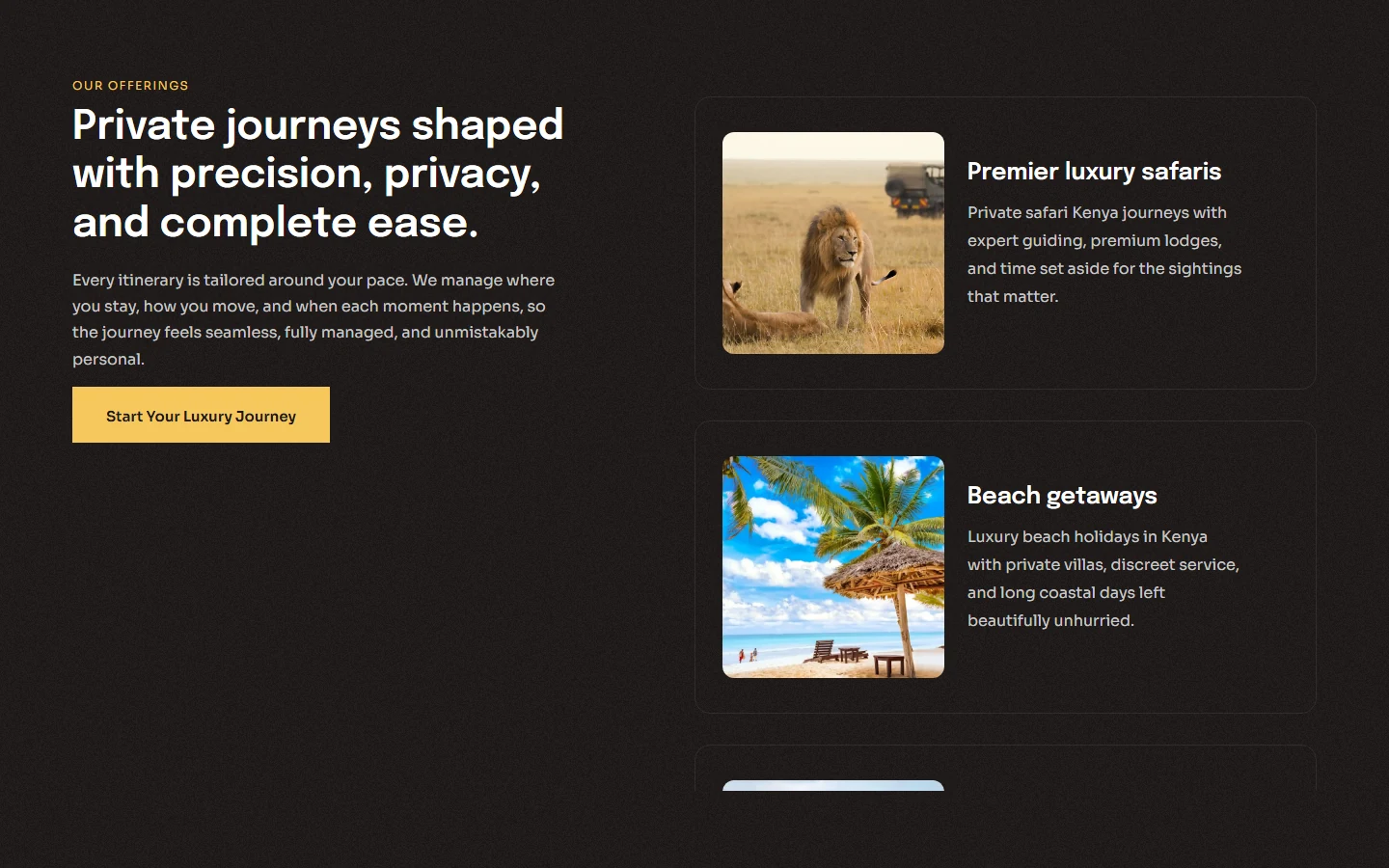 Luxury travel offerings and quote request path on the Emynel Luxe Experiences website