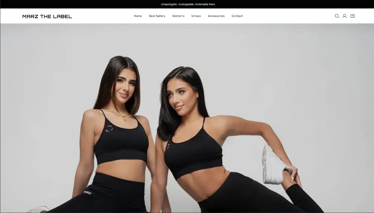 Marz The Label activewear ecommerce website homepage hero with catalogue navigation