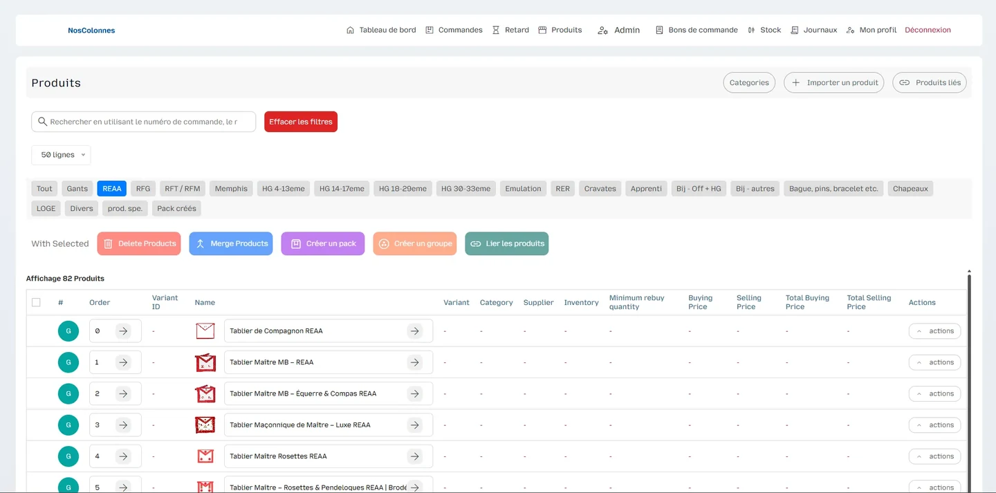 Nos Colonnes inventory management system product catalogue with stock, supplier and pricing columns