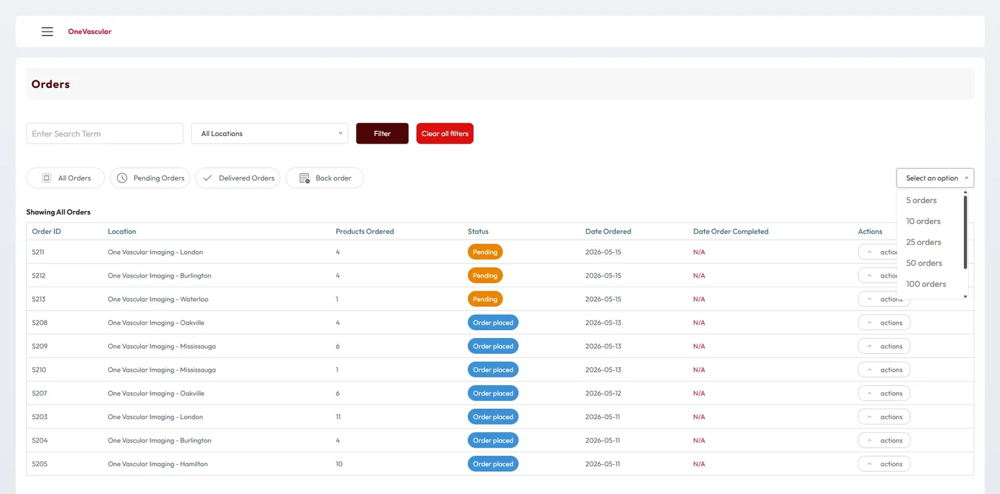 OneVascular medical supply ordering portal orders dashboard with status badges and location filters