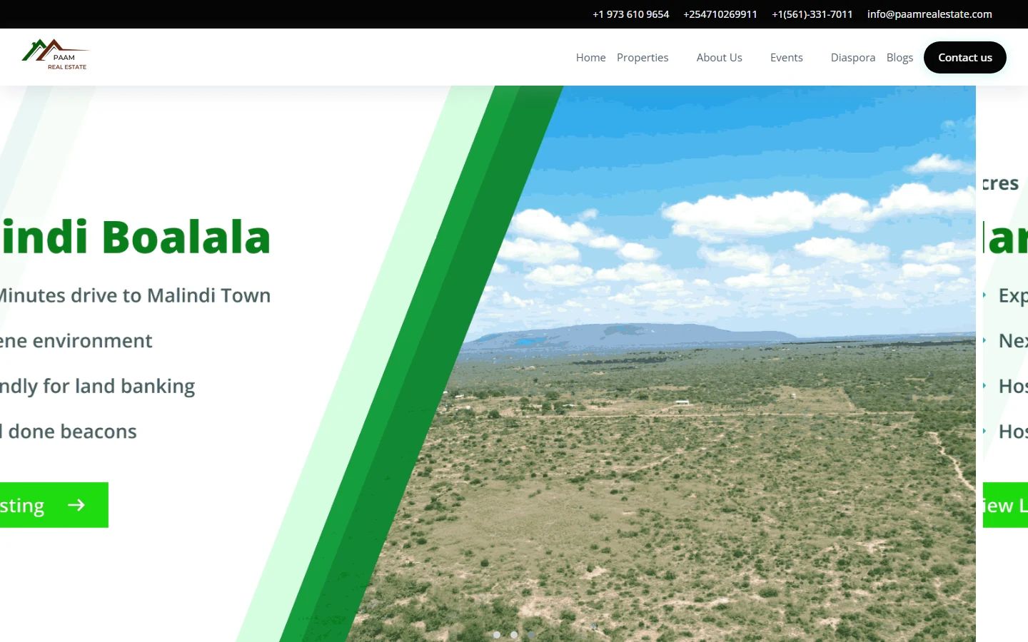 PAAM Real Estate Kenya property website homepage hero with United States and Kenyan contact numbers
