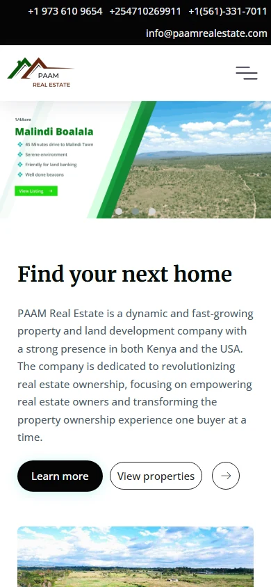 PAAM Real Estate Kenya property website mobile view with listings
