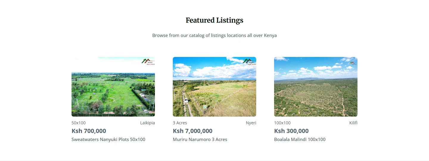 Featured property listings on the PAAM Real Estate Kenya website showing plot size, location and price