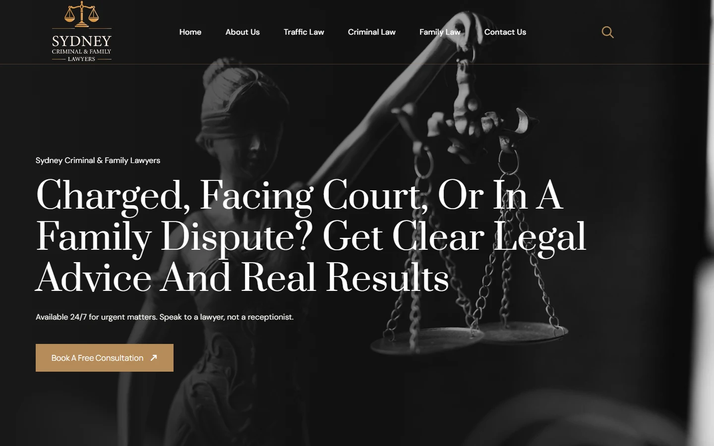 Sydney Criminal and Family Lawyers law firm website homepage hero with consultation call to action