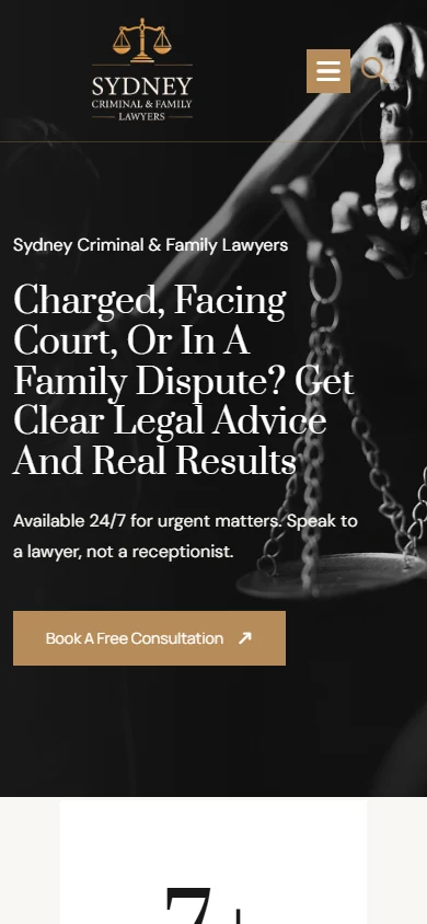 Sydney law firm website mobile view with practice areas and call to action
