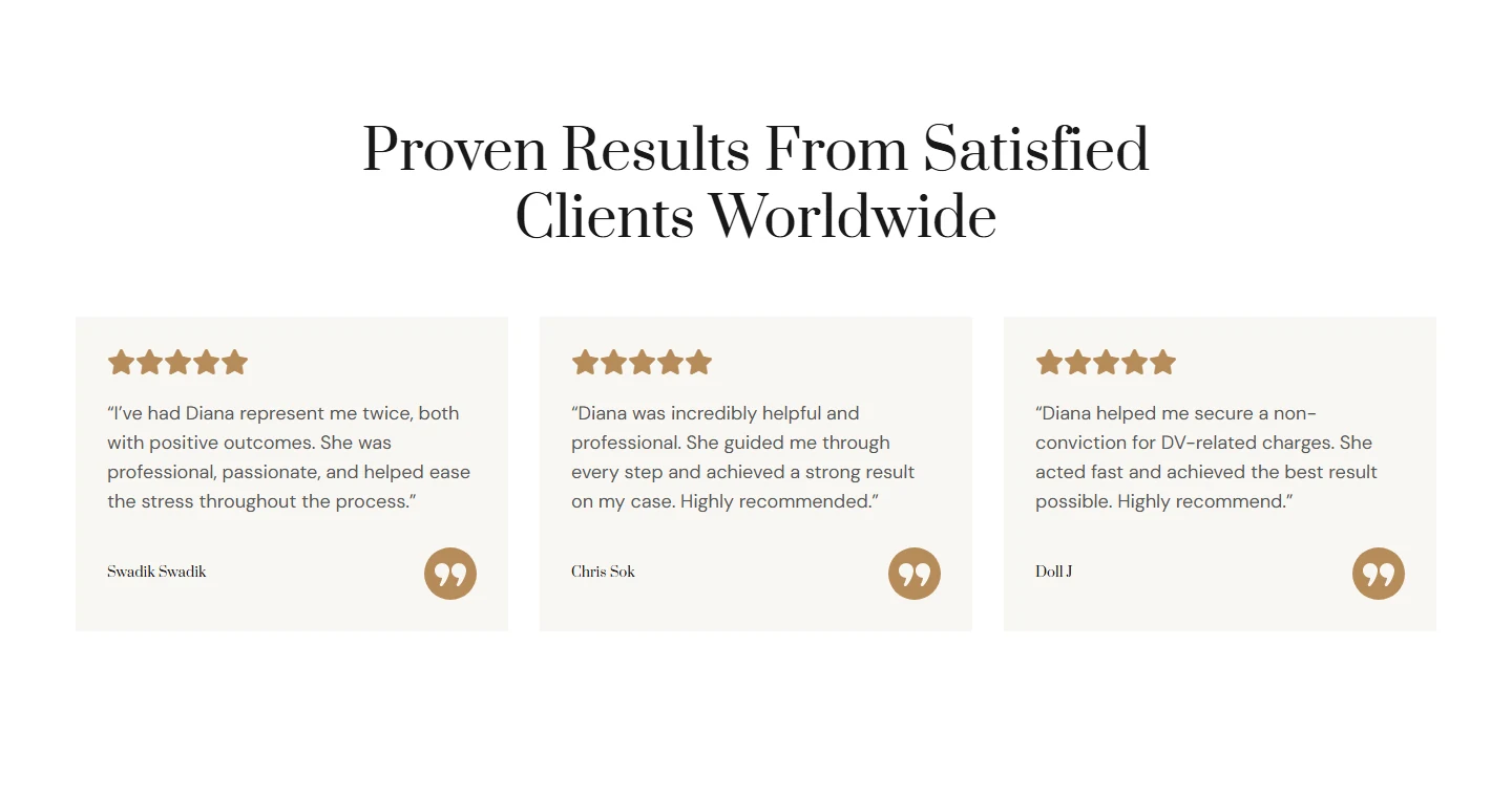 Client testimonials section on the Sydney criminal and family law firm website