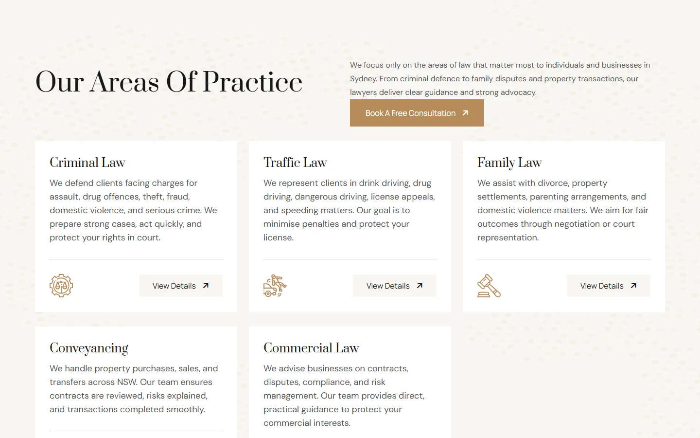 Areas of practice grid on the Sydney law firm website showing criminal, traffic, family, conveyancing and commercial law