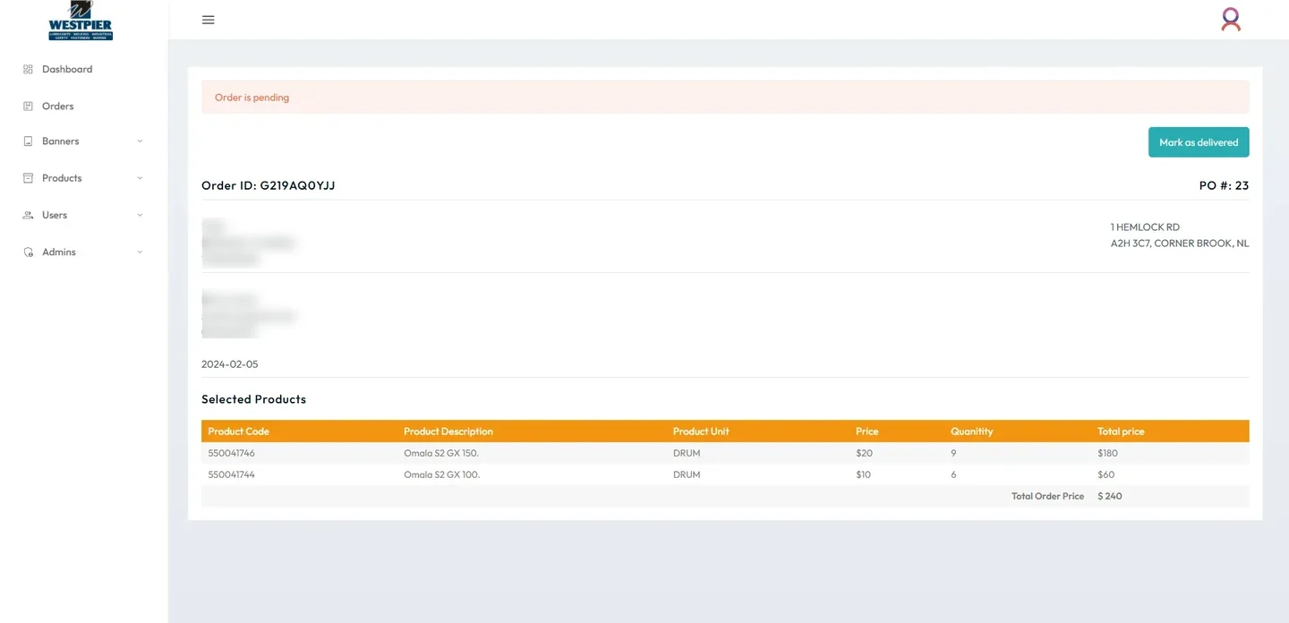 WestPier dealer order portal purchase order screen with product catalogue, codes and order totals