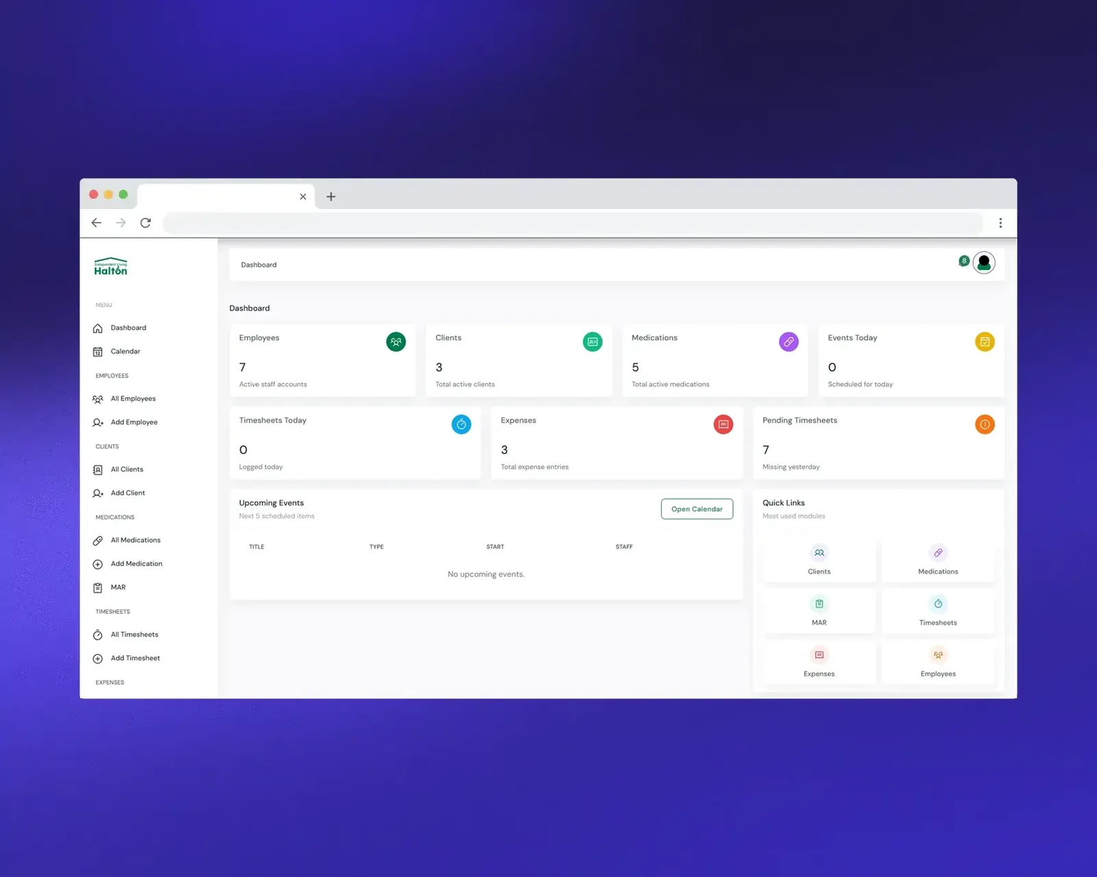 Independent Living Halton care management system dashboard with client and medication records