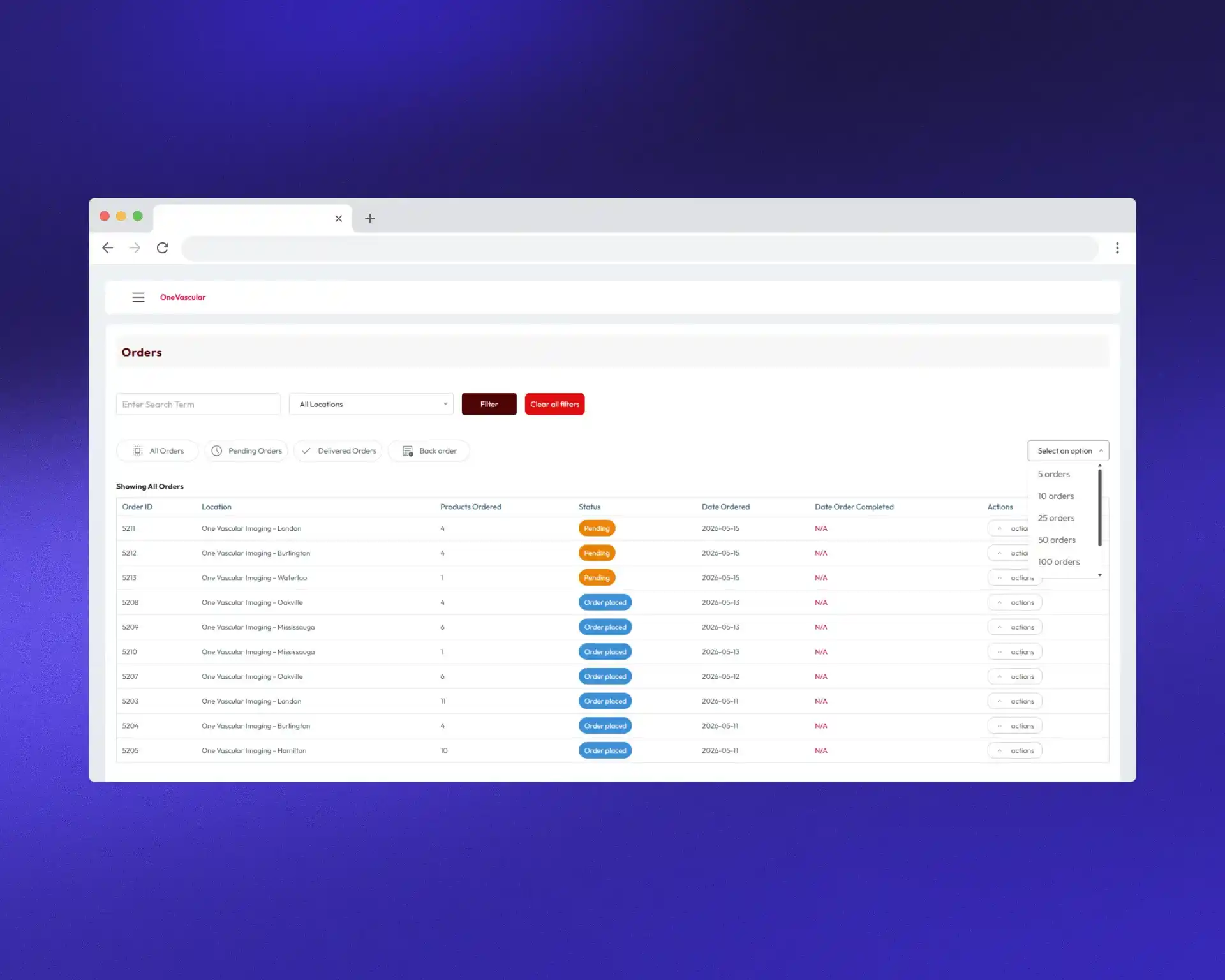 OneVascular medical supply ordering portal orders dashboard