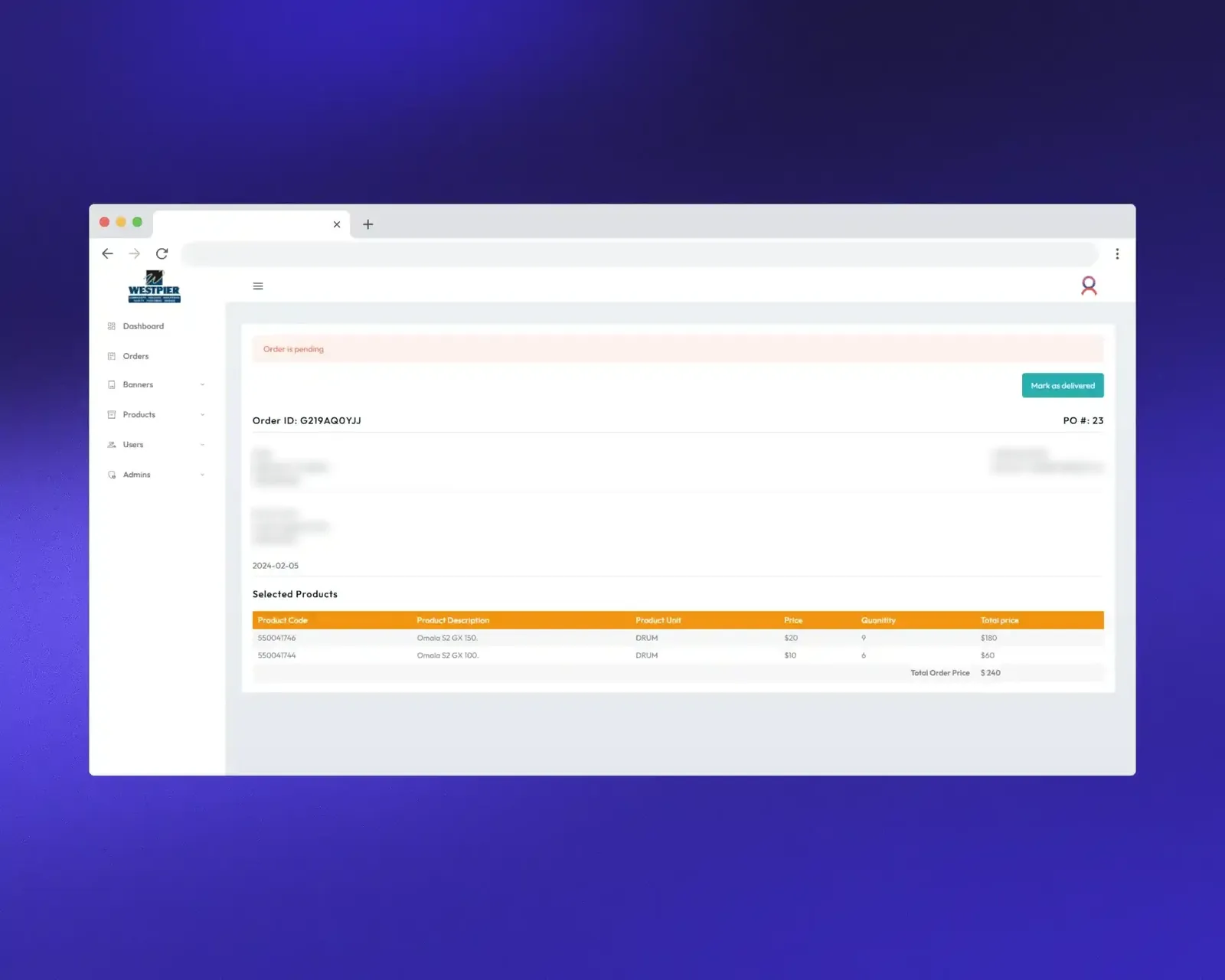 WestPier dealer order portal purchase order screen