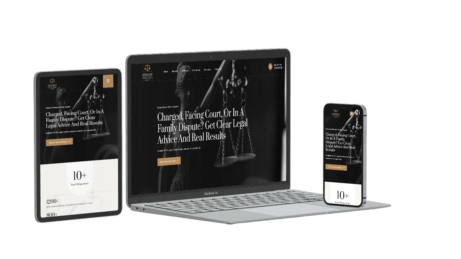 Responsive business website shown on laptop, tablet, and phone